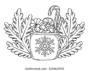 Coloring page Christmas cup of drink and sweets. Fir branches. Hot chocolate with marshmallows. Hand drawn vector doodle illustration. Coloring book for children and adults. black white line art.