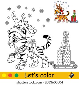 Coloring page with Christmas cute tiger cub carries gifts on a sleigh. Cartoon character. Coloring book with colored exemple. Outline vector illustration. For education, print, game, decor, puzzle.