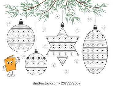 Coloring page with Christmas decorations for kids. Tracing and color worksheet for practicing motor skills.  Tracing contours, handwriting practice. Vector illustration