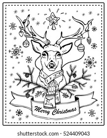 coloring page. Christmas deer  in a scarf