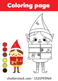 Coloring page with Christmas elf. hold gift box Printable activity for children, kids and toddlers. New Year holidays theme
