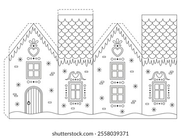 Coloring page with Christmas gingerbread house for kids. Craft game cut and glue paper. Education for kids, papercraft, Christmas decor. Vector illustration