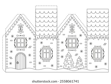 Coloring page with Christmas gingerbread house for kids. Craft game cut and glue paper. Education for kids, papercraft, Christmas decor. Vector illustration