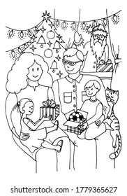Coloring page. Christmas at home with family. Kids unpack gifts. Santa outside the window. Decorated Christmas tree and garlands.  Coloring book for kids. Hand drawn vector illustration.