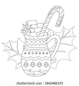 Coloring page of christmas hot drink. Mug with Hot Chocolate Cocoa Marshmallows Candy Cane Stick. Linear vector illustration. Holly in the background