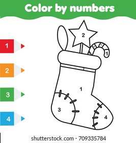 Coloring page with Christmas sock. Color by numbers educational children game, drawing kids activity. New Year holidays theme