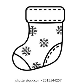 Coloring page of Christmas stocking decorated with snowflake patterns. Winter black and white sock isolated on white background. Outline vector illustration for kids and adults ready for print.