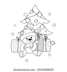 Coloring page Christmas, teddy bear, winter, new year. Coloring page, book for kids, children, adults. Vector illustration isolated white background. Outline, toy, game, play, antistress.Drawing