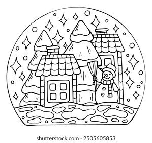 Dibujo para colorear Navidades de la ciudad dibujado a mano. Aldea de invierno. Nevada. Muñeco de nieve con una escoba. Casas de jengibre. Vector doodle ilustración. Libro para colorear para niños y adultos.