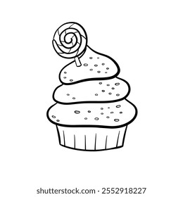 Coloring page of Christmas tree cupcake with round lillipop candy. Outline hand drawn vector illustration on white background.