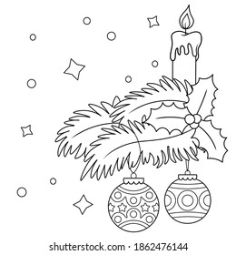 Coloring page of a Christmas tree decorations and ornaments. Fir tree branches with candle, balls and holly. Coloring book for kids.