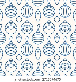 Coloring page with Christmas tree decorations. Minimalistic seamless pattern. Winter monochrome background.