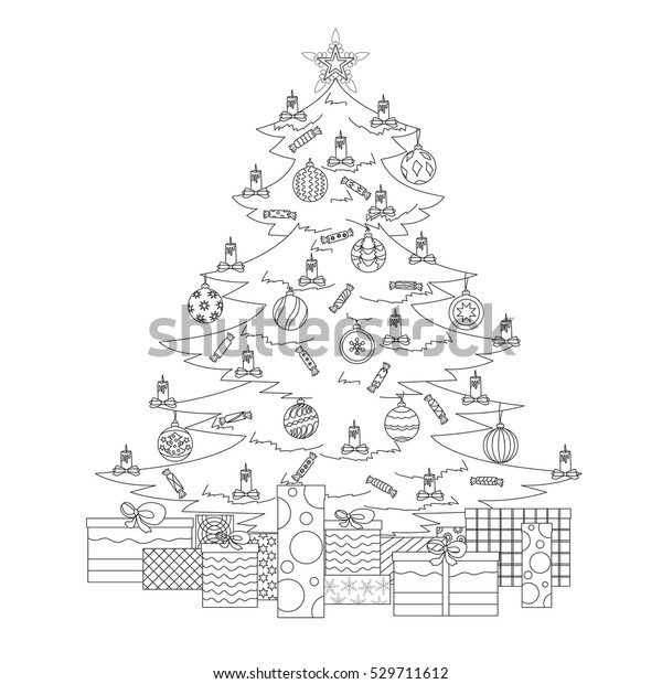 coloring page christmas tree star balls stock vector