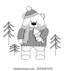 Coloring page Christmas, winter, new year. Coloring page, book for kids, children, adults. Vector illustration isolated white background. Outline, toy, game, play. Cute teddy bear, animal, forest