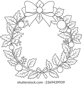 Coloring page a Christmas wreath garland with ball decoration. Festive holiday wreath of flowers. 