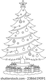 Coloring page a Christmas-tree decorated and gifts