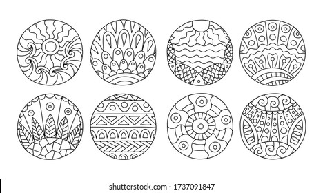 Coloring page with circles filled with different doodles, hand drawn with thin line. Abstract designs isolated on white background. Vector illustration