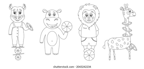 Coloring page with circus animals, hippo, rhino, giraffe, lion. Cartoon animals. Clipart set for nursery poster, t shirt print, kids apparel, greeting card, patch or sticker. Vector illustration