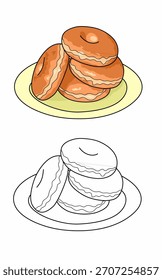 a coloring page classic donuts on a plate for kids and kindergarten