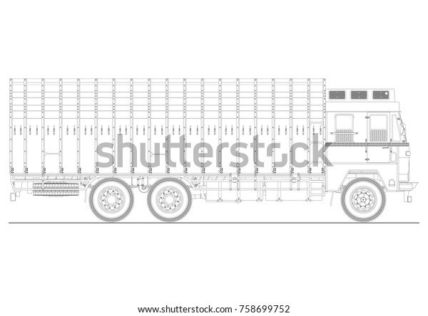 Coloring page of classic Indian truck. Plan view\
of jingle truck. Flat\
vector.