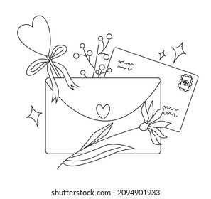 Coloring page closed envelopes with heart, postage stamp, candy and flowers isolated on white. Mail concept. Vector illustration in flat style.