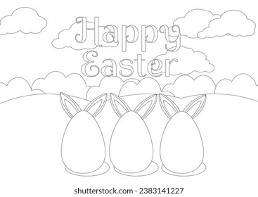 Colorido de la página. Acercamiento de los huevos pintados sobre césped verde con orejas de conejo pegadas detrás de los huevos. Banner horizontal con pradera verde y cielo azul y texto Feliz Pascua.