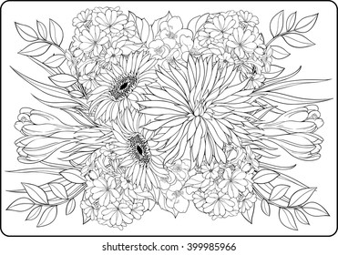 coloring page close-up view of bunch of flowers  
