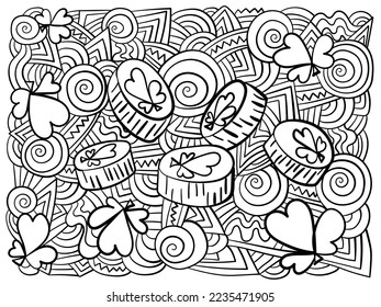 Coloring page with clover shamrocks and coins for luck, symbols of Patrick's day with ornate patterns for festive activity