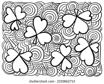 Coloring page with clover shamrocks and fantasy patterns, symbols of Patricks day for holiday activity vector illustration