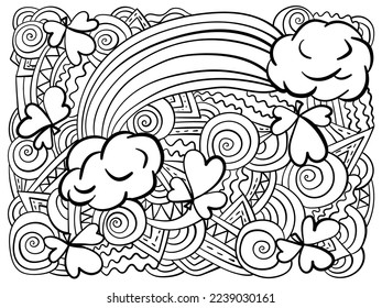 Coloring page with clover shamrocks and rainbow, Patrick's day symbols with patterns for festive activity vector illustration