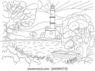 Coloring page of a coastal landscape with a lighthouse, boat, trees, and sun rays - Line art illustration for kids and adults.