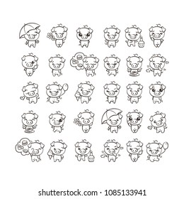 Coloring page with collection of cutest pig character icon set with different emotions. Vector illustration for new 2019 year. Set of small piggy