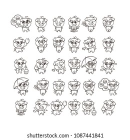 Coloring page with collection of cutest pig character icon set with different emotions. Vector illustration for new 2019 year. Set of small piggy