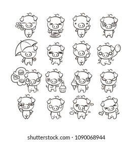 Coloring page with collection of cutest pig character icon set with different emotions. Vector illustration for new 2019 year. Set of small piggy
