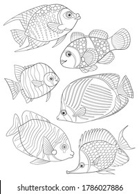 Coloring Page with collection of tropical fishes. Antistress adult coloring.