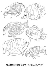 Coloring Page with collection of tropical fishes. Antistress adult coloring.