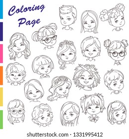 Coloring page. Collection of young girl portraits with different hairstyles Outline sketch, pencil strokes. Woman haircut set.Beautiful women. Children models.Monochrome vector illustration.