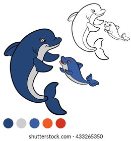 Coloring page. Color me: dolphin. Mother dolphin swims with her little cute baby dolphin. They are happy.