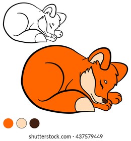 Coloring page. Color me: fox. Little cute baby fox sleeps.