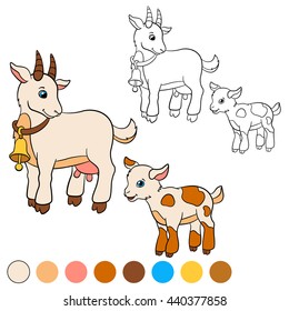 Coloring page. Color me: goat. Mother goat with her little cute baby goat.