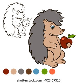 Coloring page. Color me: Hedgehog. Little cute hedgehog stands and holds an apple in the paw. The hedgehog smiles.