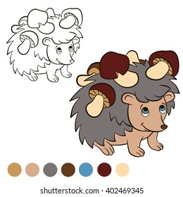 Coloring page. Color me: Hedgehog. Little cute hedgehog stands and smiles. He has a lot of mushrooms on his needles.