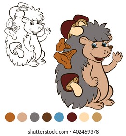 Coloring page. Color me: Hedgehog. Little cute hedgehog stands and smiles. He has a lot of mushrooms on his needles.