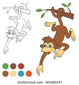 Coloring page. Color me: monkey. Little cute monkey hanging on the tree and pointing somewhere. Monkey smiles.