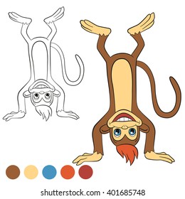 Coloring page. Color me: monkey. Little cute monkey stands upside down and smiles.
