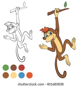 Coloring page. Color me: monkey. Little cute monkey hanging on the tree and smiles. Monkey is happy.