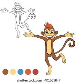 Coloring page. Color me: monkey. Little cute monkey runs and waves its hands. Monkey smiles.