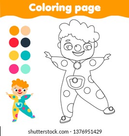 Coloring page. Color picture for toddlers and kids. Educational children game. Boy in clown costume