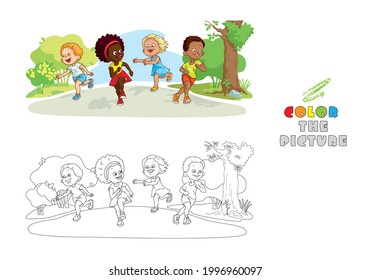 Coloring Page with Color sample. Group of happy Multiracial Kids playing catch-up game and running in summer park. Fun and Leisure Concept.  Funny cartoon characters. Hand drawn Vector Illustration. 