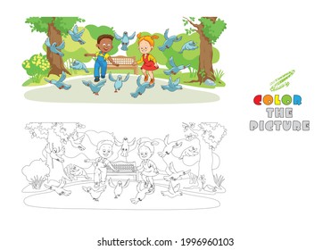 Coloring Page with Color sample. Little Boy and Little Girl joyfully chasing Pigeons in summer park. Fun and Leisure Concept.  Funny cartoon characters. Hand drawn Vector Illustration.